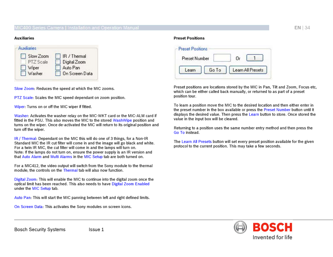 Bosch Appliances MIC400AL operation manual Auxiliaries, Preset Positions 