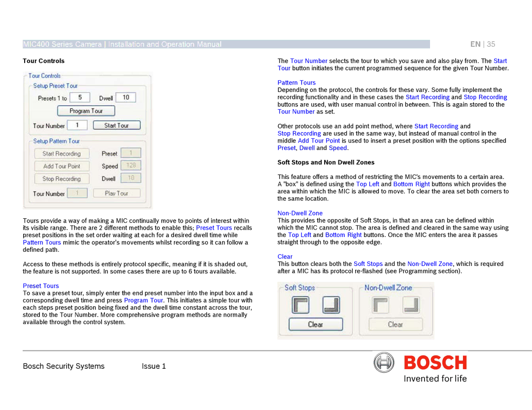 Bosch Appliances MIC400AL operation manual Tour Controls, Soft Stops and Non Dwell Zones 