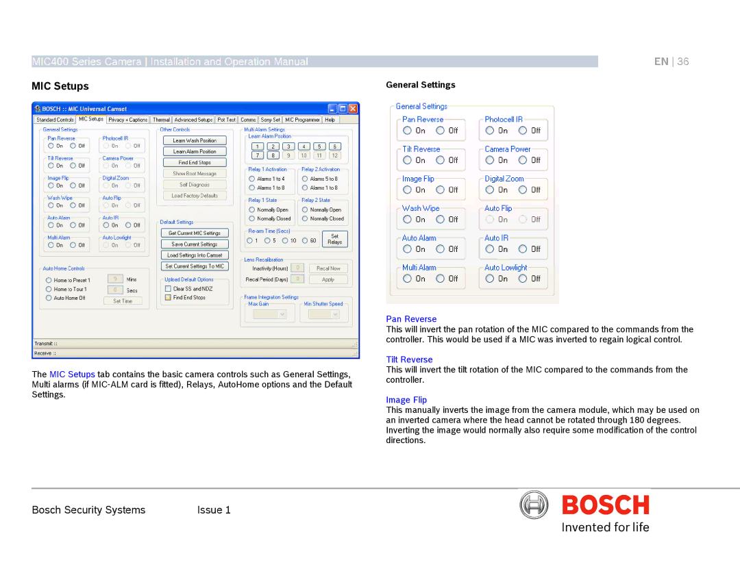 Bosch Appliances MIC400AL operation manual MIC Setups, General Settings, Pan Reverse, Tilt Reverse, Image Flip 