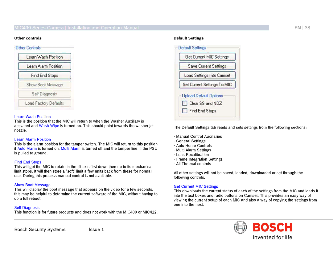 Bosch Appliances MIC400AL operation manual Other controls, Default Settings 