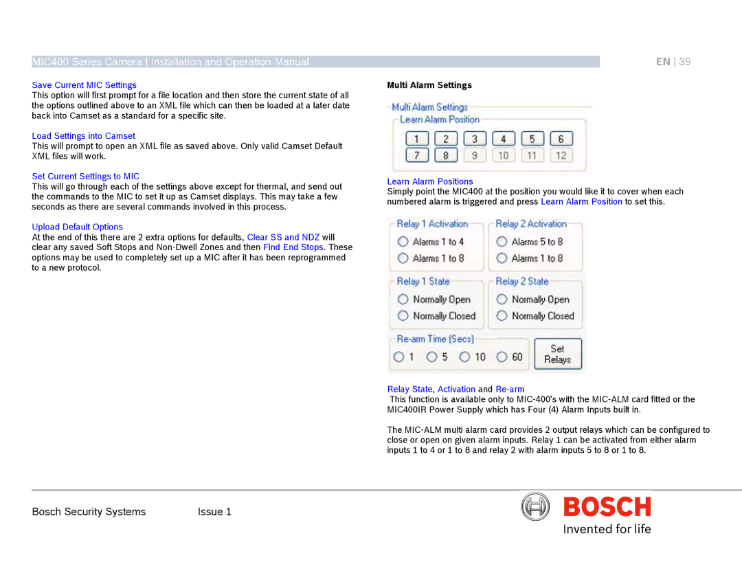 Bosch Appliances MIC400AL operation manual Multi Alarm Settings 