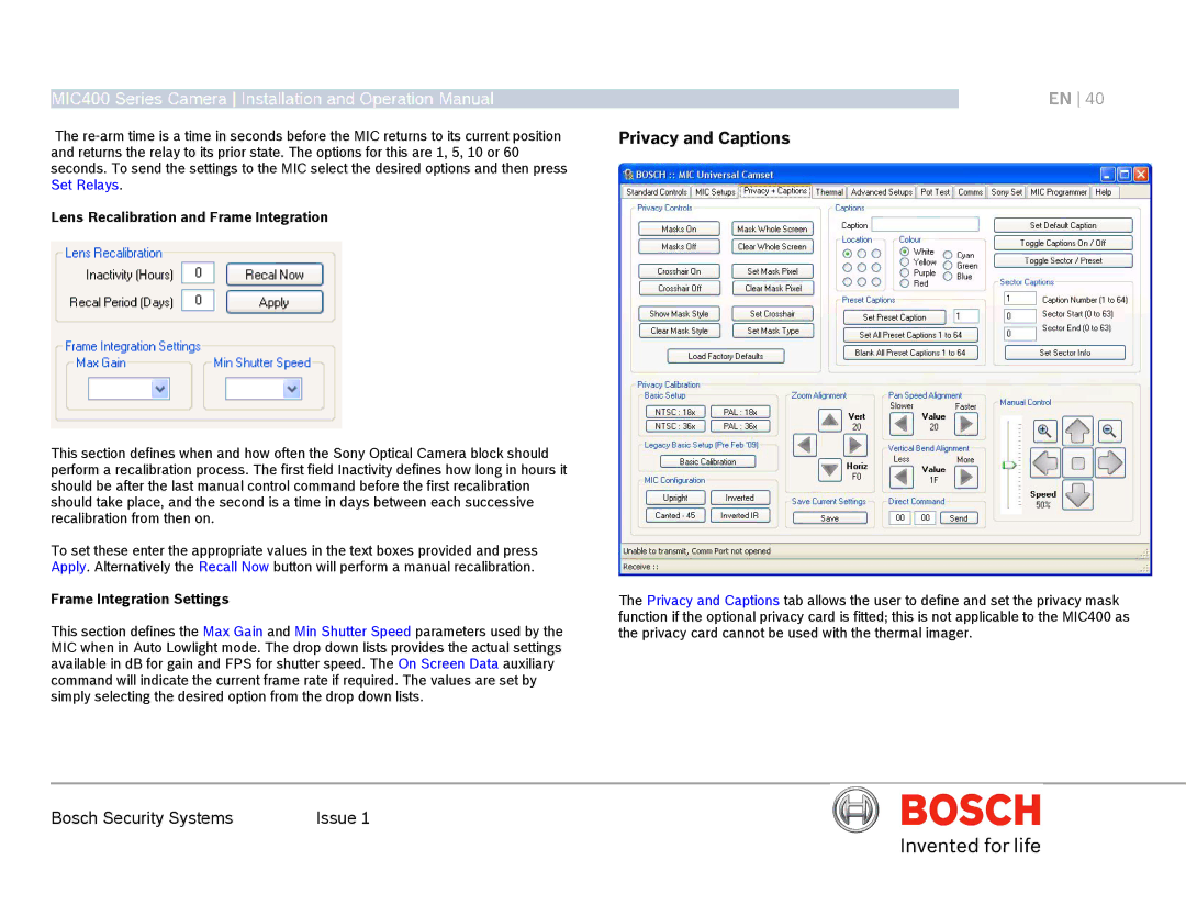 Bosch Appliances MIC400AL Privacy and Captions, Lens Recalibration and Frame Integration, Frame Integration Settings 