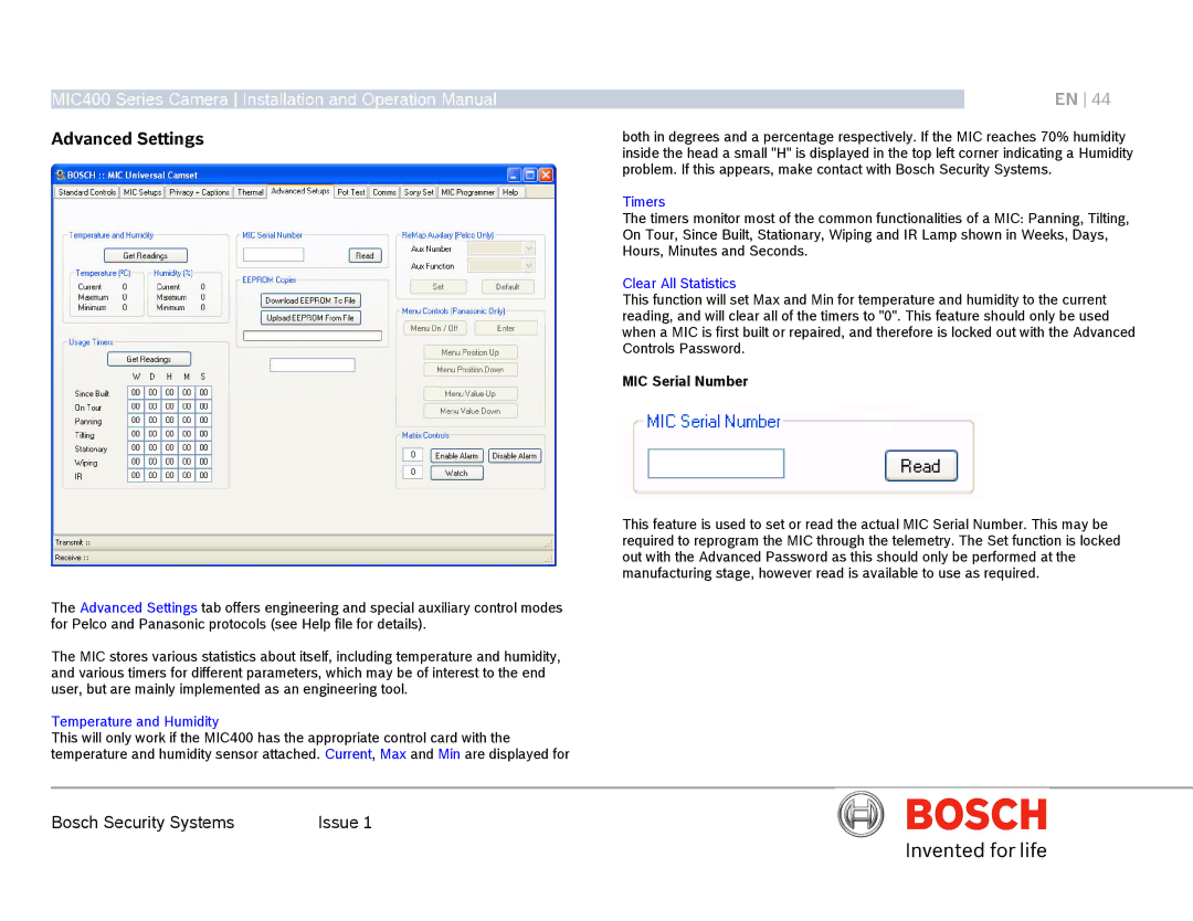 Bosch Appliances MIC400AL Advanced Settings, Temperature and Humidity, Timers, Clear All Statistics, MIC Serial Number 