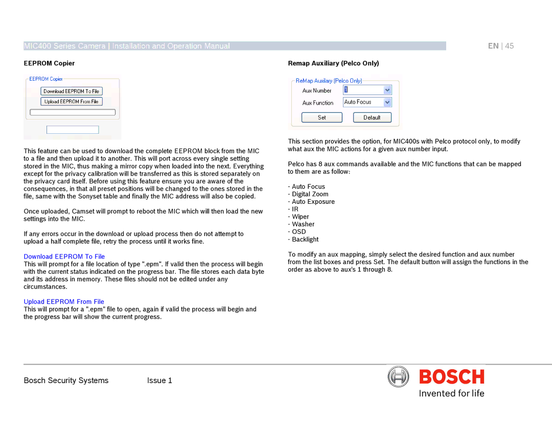 Bosch Appliances MIC400AL Eeprom Copier, Download Eeprom To File, Upload Eeprom From File, Remap Auxiliary Pelco Only 