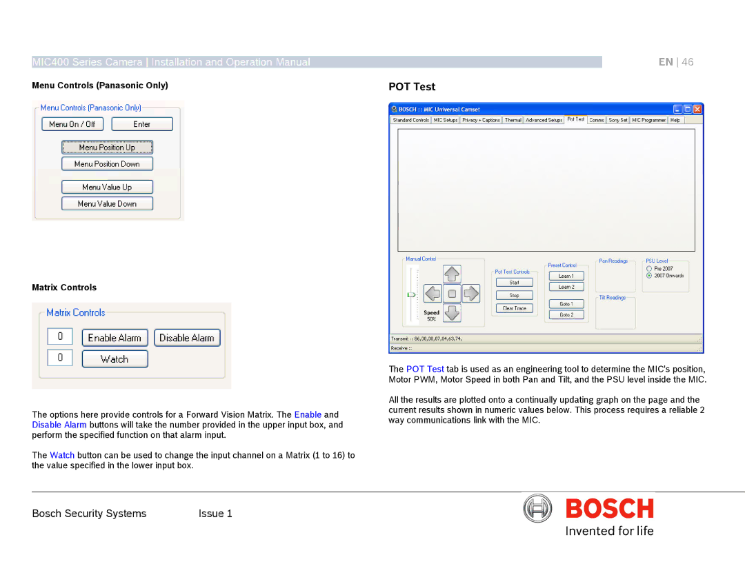 Bosch Appliances MIC400AL operation manual POT Test, Menu Controls Panasonic Only, Matrix Controls 