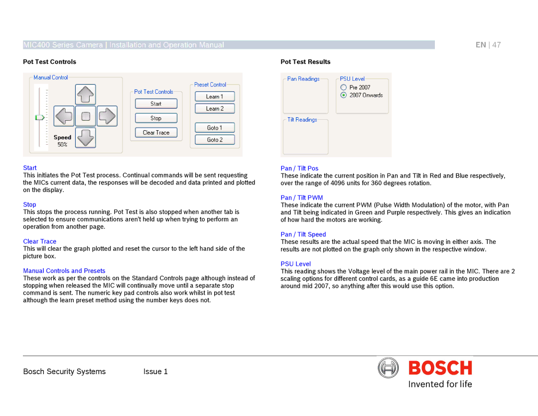 Bosch Appliances MIC400AL operation manual Pot Test Controls, Pot Test Results 