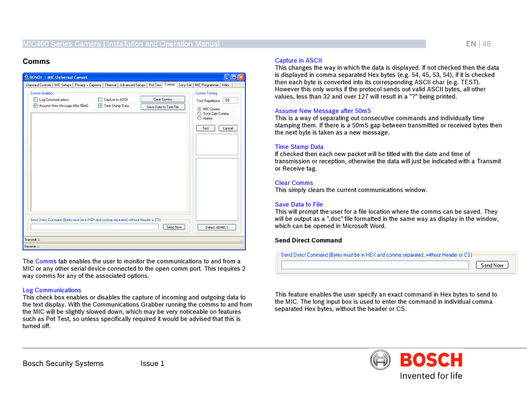 Bosch Appliances MIC400AL operation manual Comms, Send Direct Command 