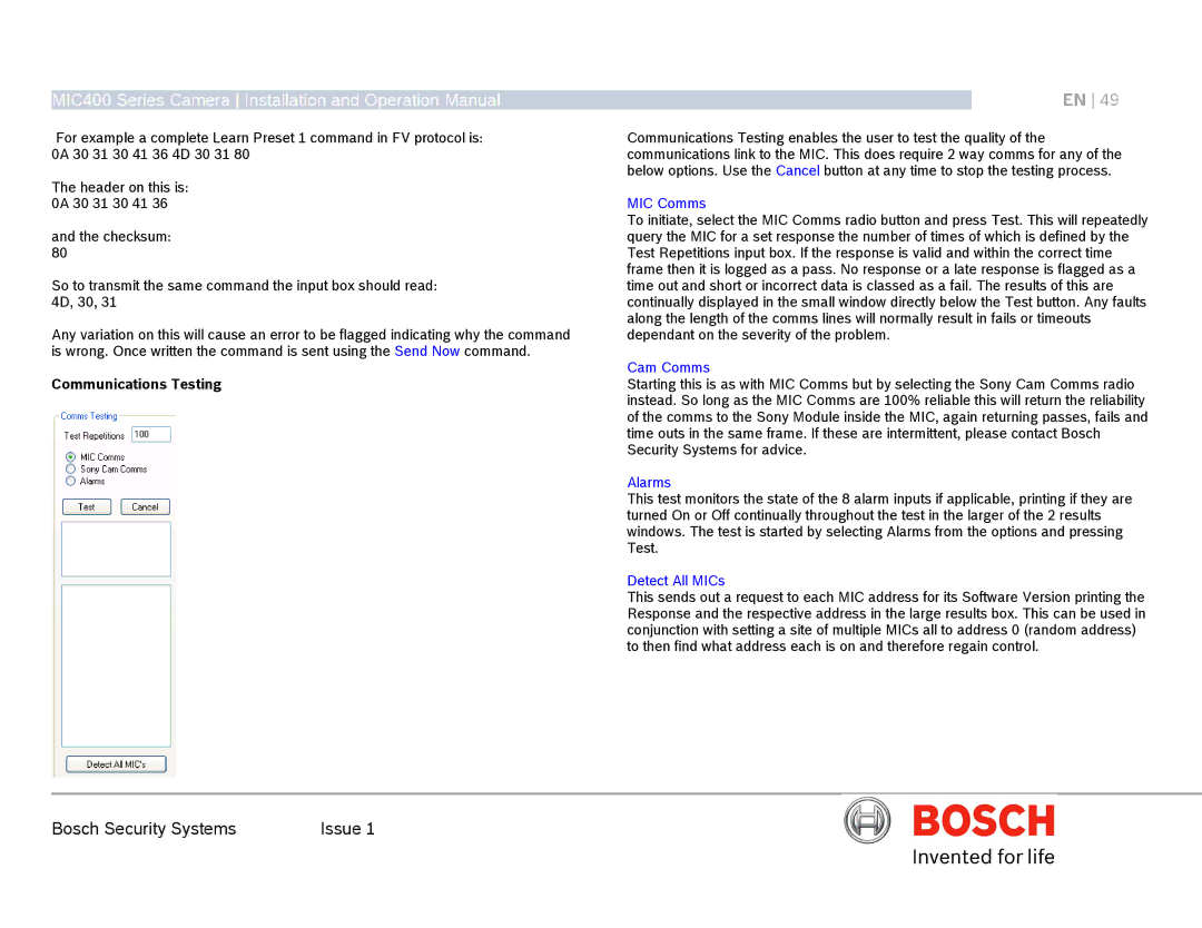 Bosch Appliances MIC400AL operation manual Communications Testing, MIC Comms, Cam Comms, Alarms, Detect All MICs 