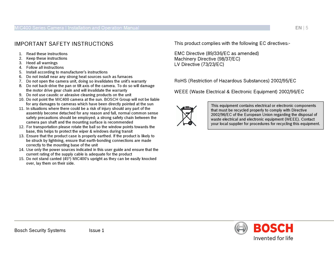 Bosch Appliances MIC400AL operation manual Important Safety Instructions 