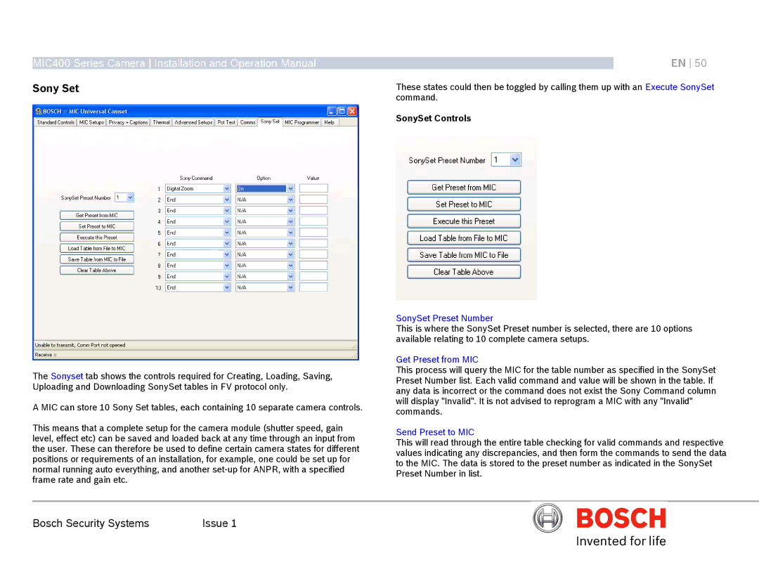 Bosch Appliances MIC400AL Sony Set, SonySet Controls, SonySet Preset Number, Get Preset from MIC, Send Preset to MIC 