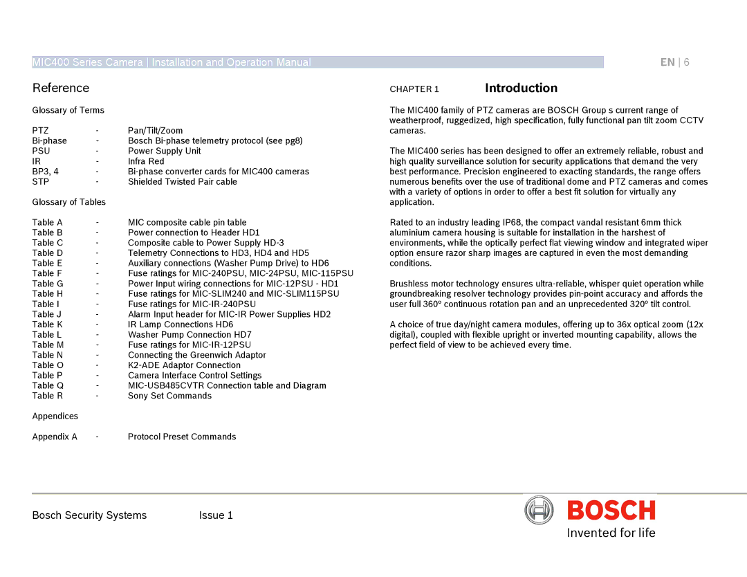 Bosch Appliances MIC400AL operation manual Reference 