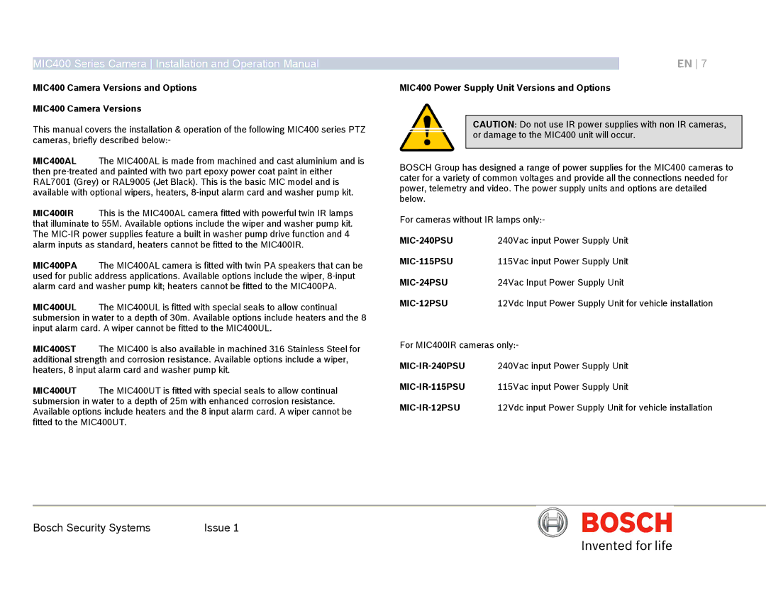 Bosch Appliances MIC400AL operation manual MIC-240PSU, MIC-115PSU, MIC-24PSU, MIC-12PSU, MIC-IR-12PSU 