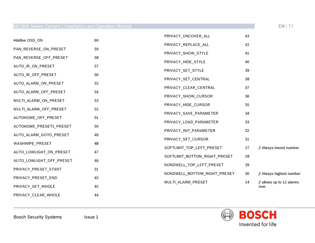 Bosch Appliances MIC400AL operation manual Privacypresetend Multialarmpreset 