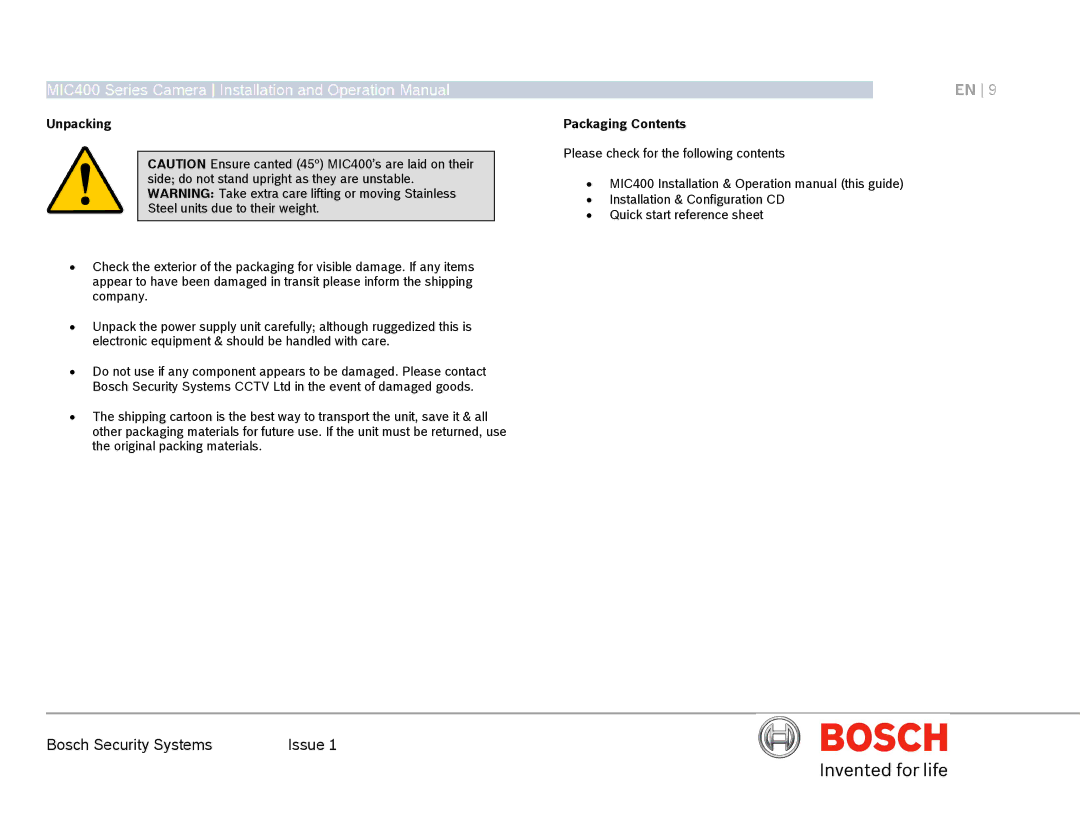 Bosch Appliances MIC400AL operation manual Unpacking, Packaging Contents 