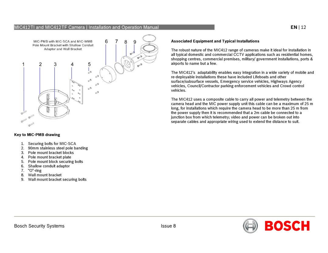 Bosch Appliances MIC412 operation manual Associated Equipment and Typical Installations, Key to MIC-PMB drawing 