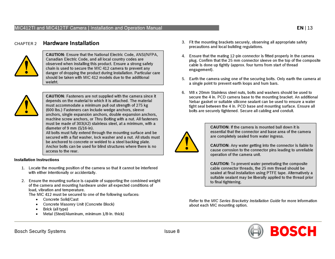 Bosch Appliances MIC412 operation manual Hardware Installation, Installation Instructions 