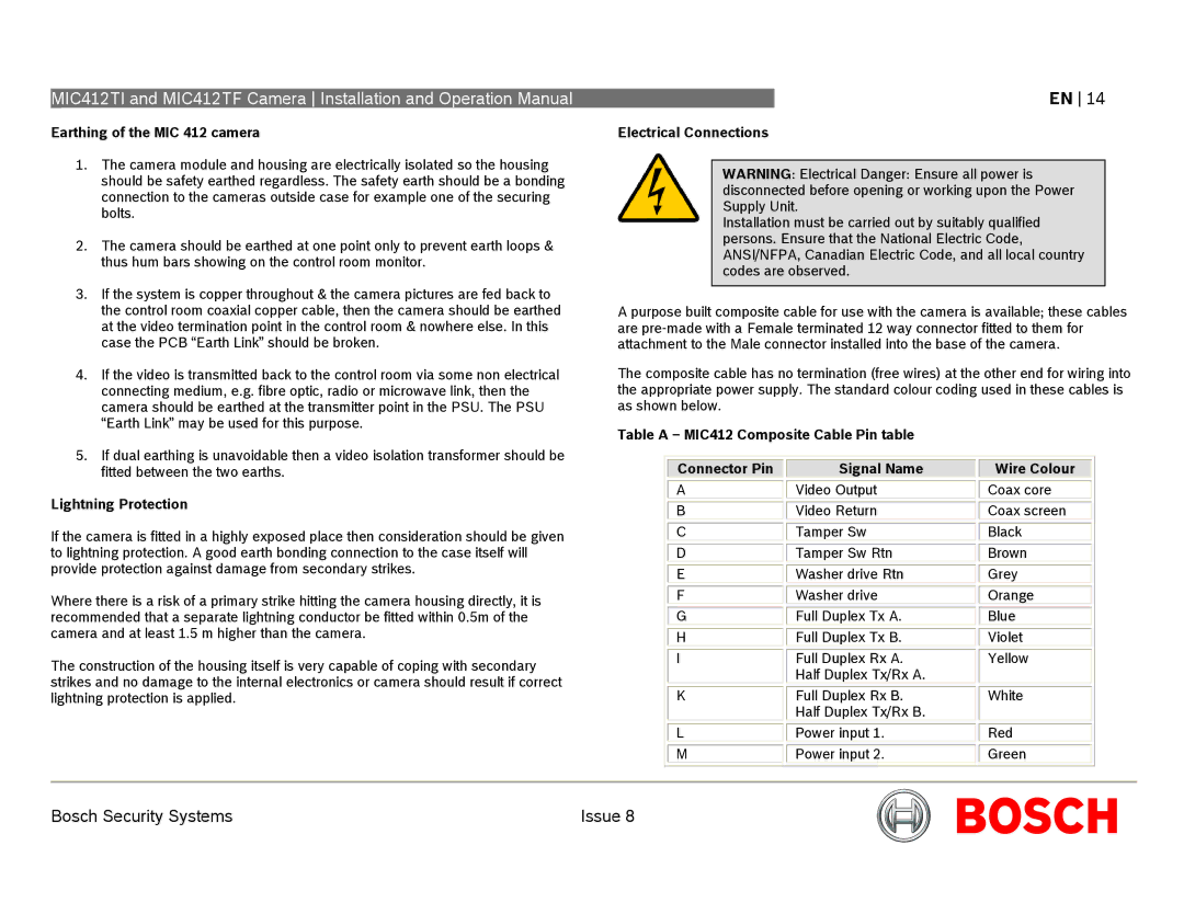 Bosch Appliances MIC412 operation manual Earthing of the MIC 412 camera, Lightning Protection, Electrical Connections 