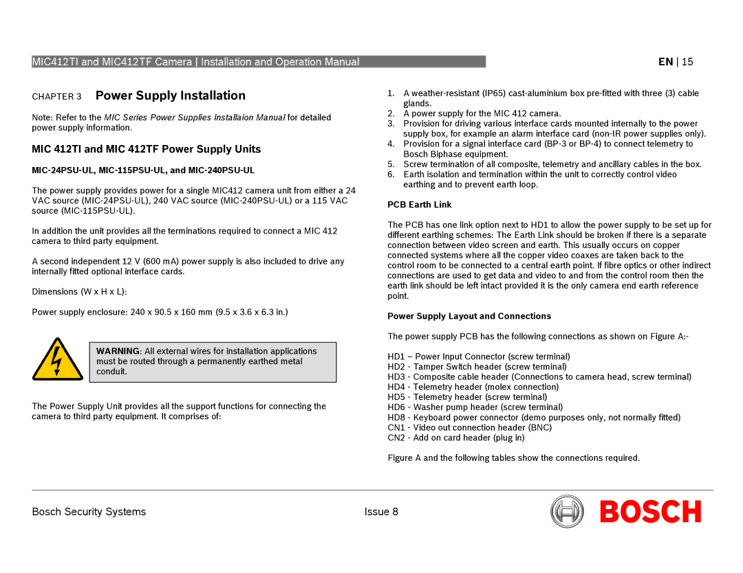 Bosch Appliances MIC412 MIC 412TI and MIC 412TF Power Supply Units, MIC-24PSU-UL, MIC-115PSU-UL, and MIC-240PSU-UL 