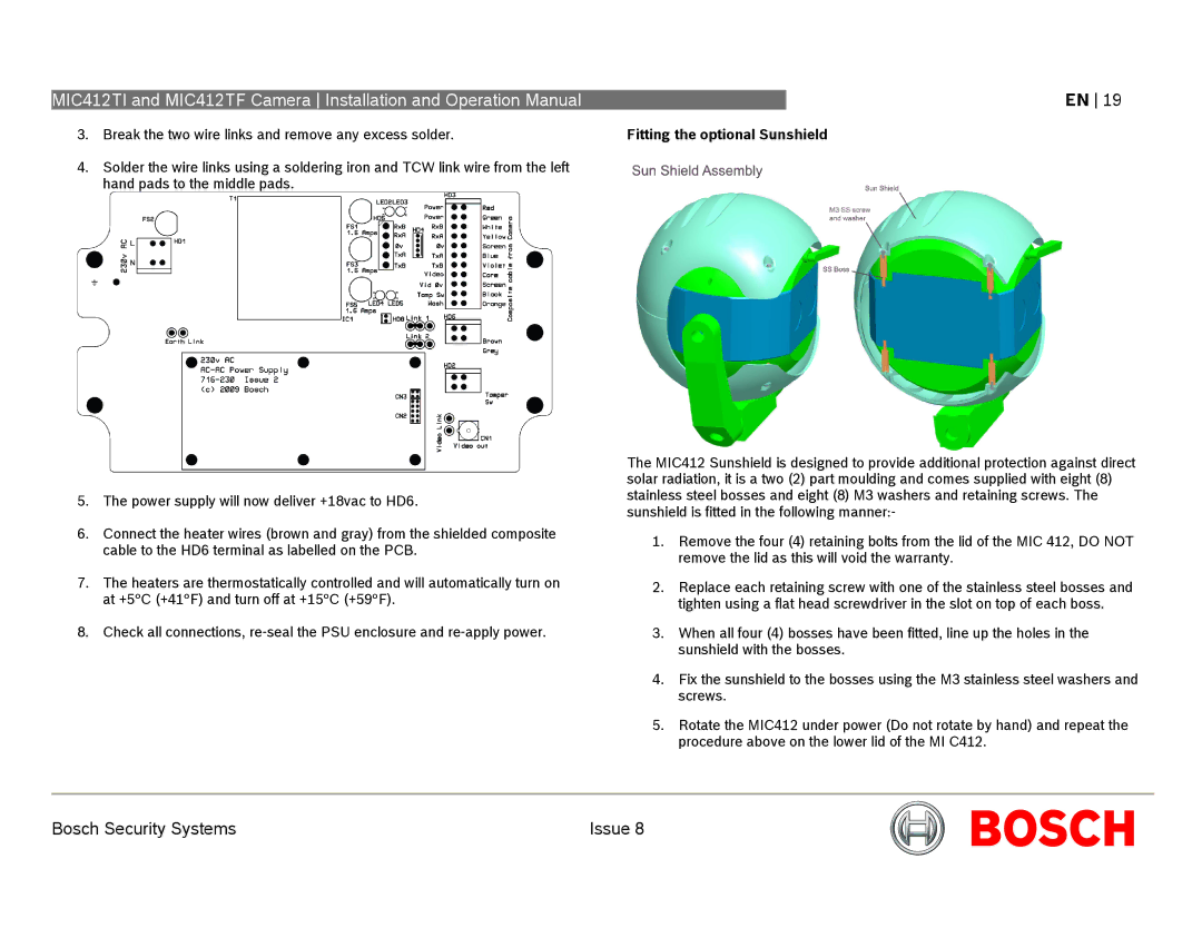 Bosch Appliances MIC412 operation manual Fitting the optional Sunshield 