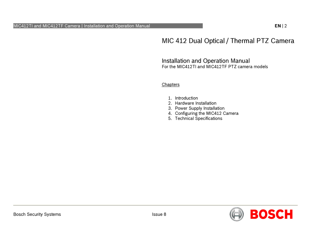 Bosch Appliances MIC412 operation manual MIC 412 Dual Optical / Thermal PTZ Camera 