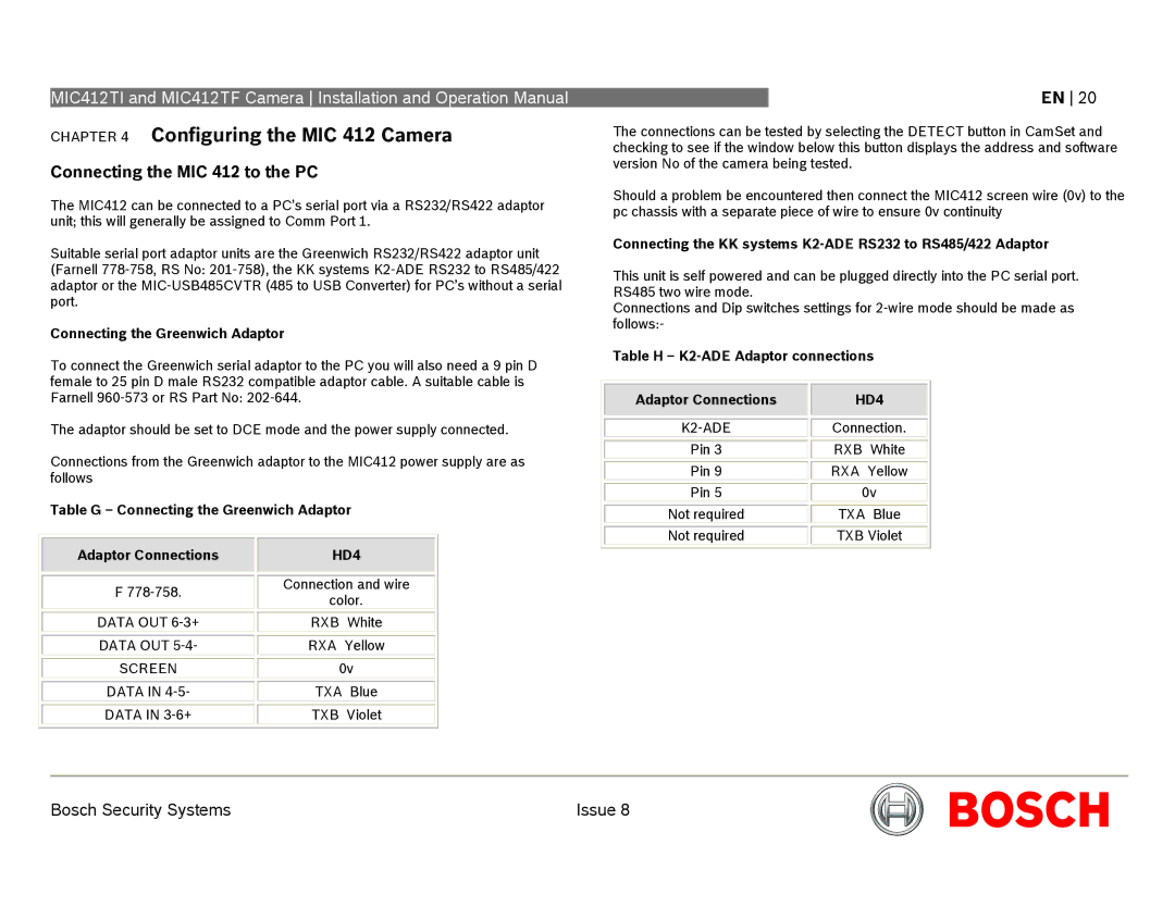 Bosch Appliances MIC412 operation manual Connecting the MIC 412 to the PC, Connecting the Greenwich Adaptor 