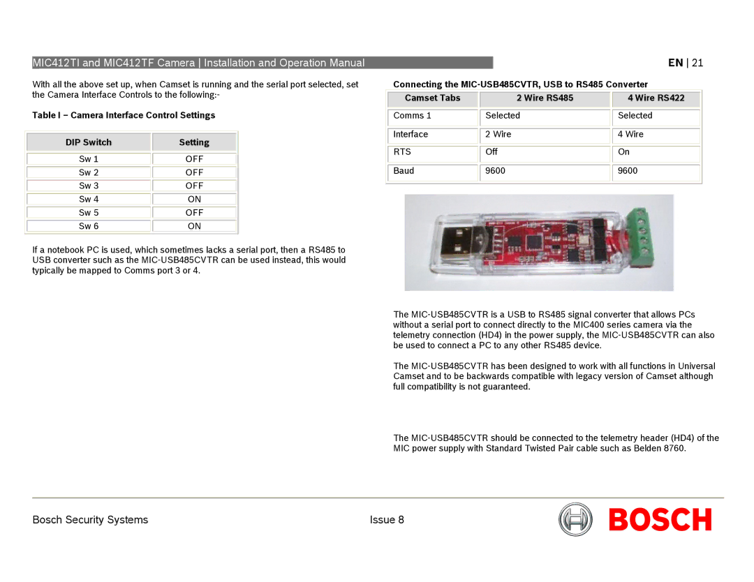 Bosch Appliances MIC412 Table I Camera Interface Control Settings DIP Switch, Camset Tabs Wire RS485 Wire RS422 