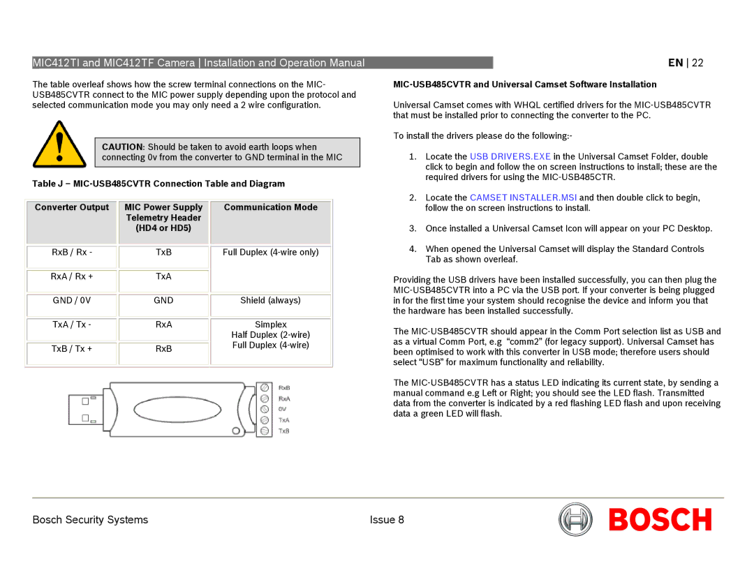 Bosch Appliances MIC412 operation manual HD4 or HD5, MIC-USB485CVTR and Universal Camset Software Installation 