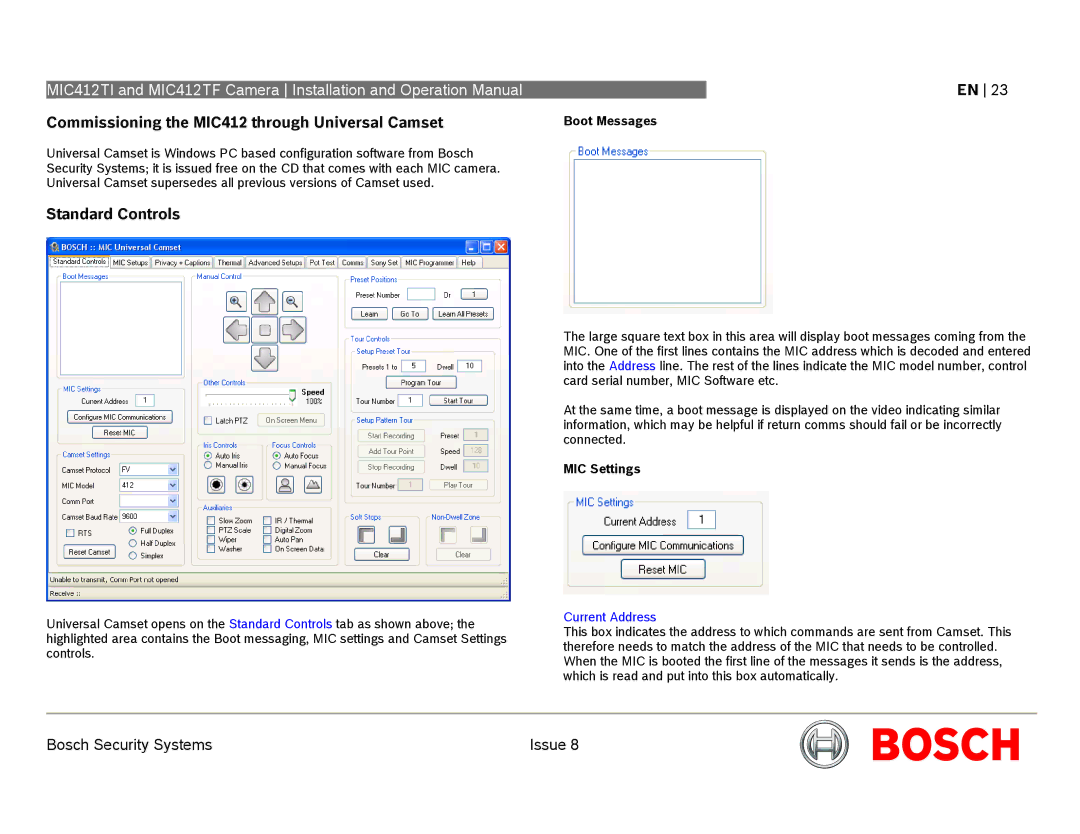 Bosch Appliances Commissioning the MIC412 through Universal Camset, Standard Controls, Boot Messages, MIC Settings 