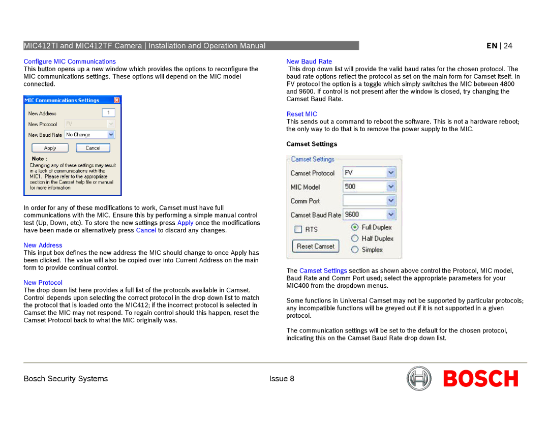 Bosch Appliances MIC412 operation manual Camset Settings 