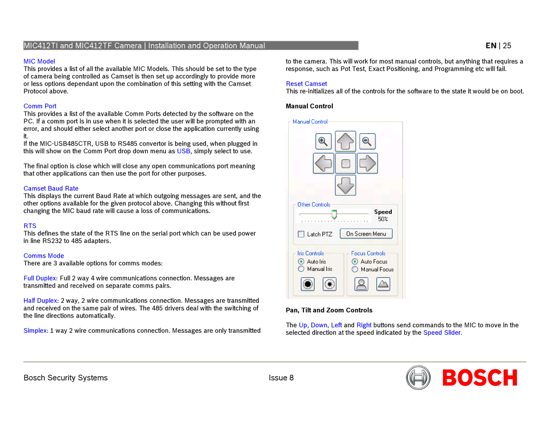 Bosch Appliances MIC412 operation manual Manual Control Pan, Tilt and Zoom Controls 