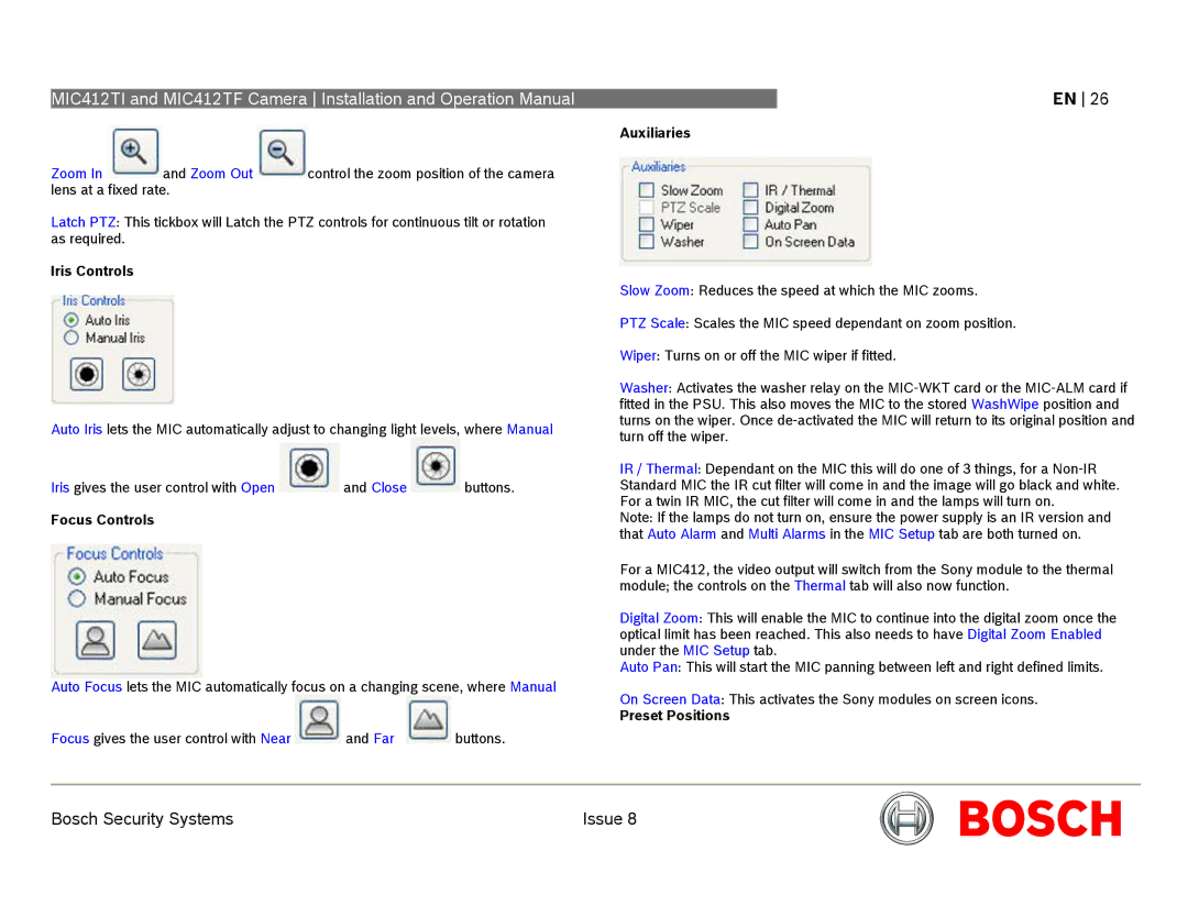 Bosch Appliances MIC412 operation manual Iris Controls, Focus Controls, Auxiliaries, Preset Positions 