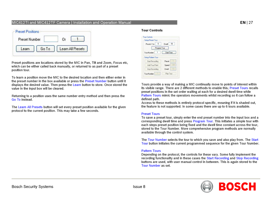 Bosch Appliances MIC412 operation manual Tour Controls, Preset Tours, Pattern Tours 