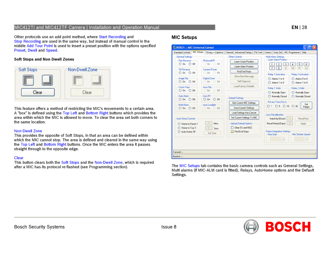 Bosch Appliances MIC412 operation manual MIC Setups, Soft Stops and Non Dwell Zones, Non-Dwell Zone, Clear 