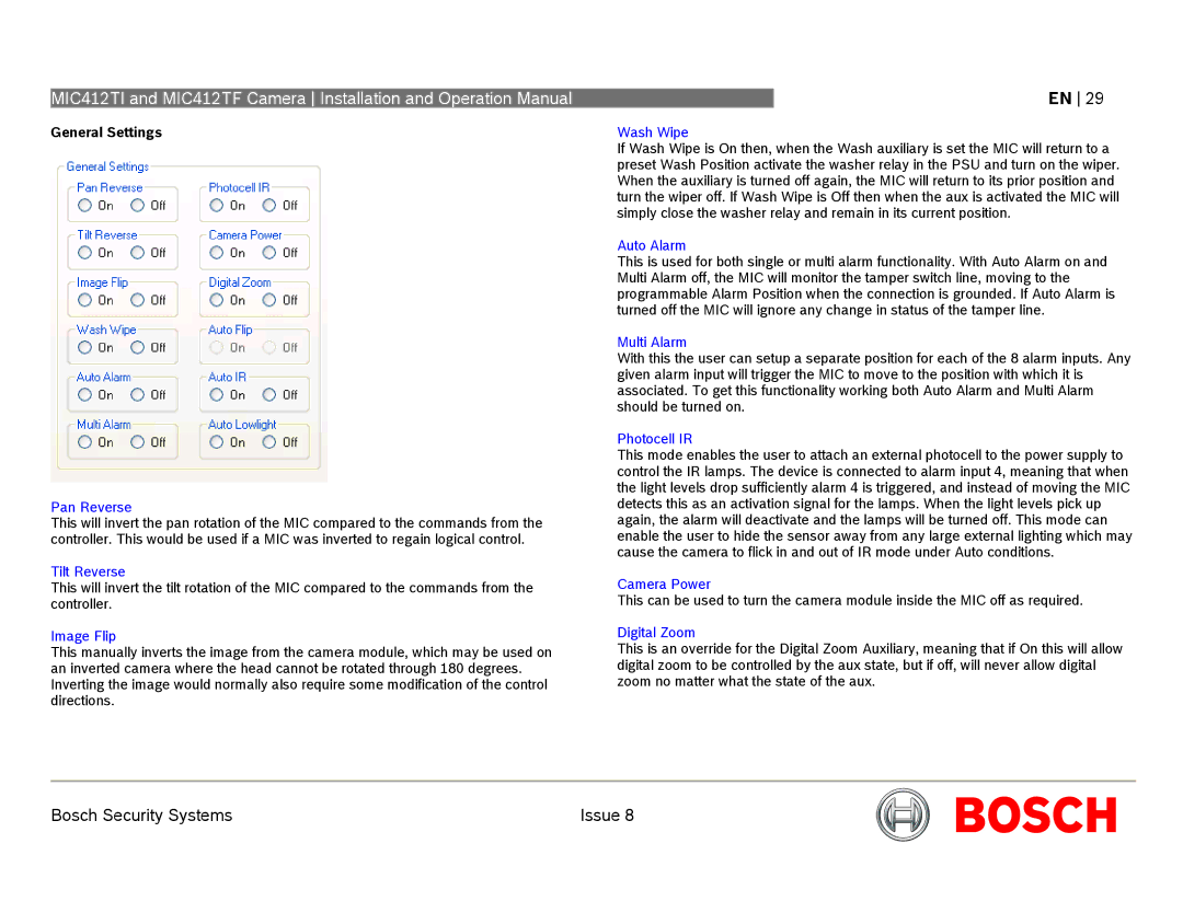 Bosch Appliances MIC412 operation manual General Settings 