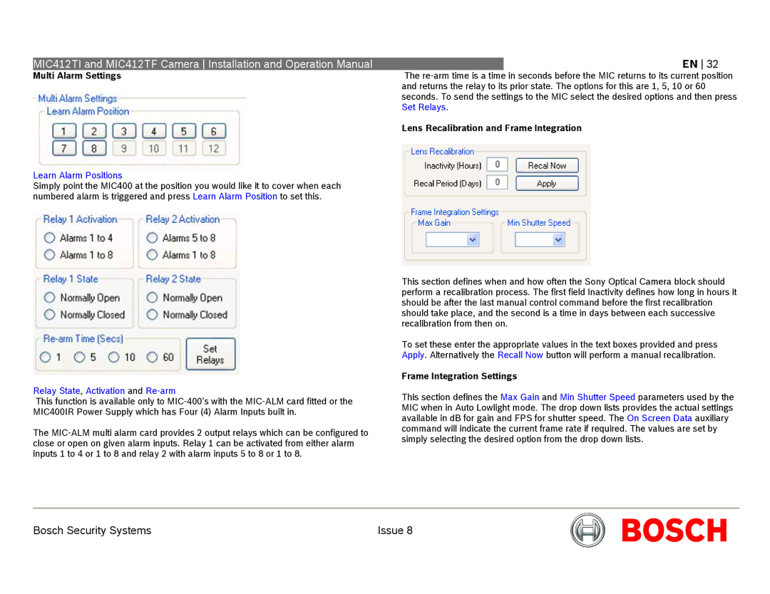 Bosch Appliances MIC412 operation manual Multi Alarm Settings, Learn Alarm Positions, Relay State, Activation and Re-arm 