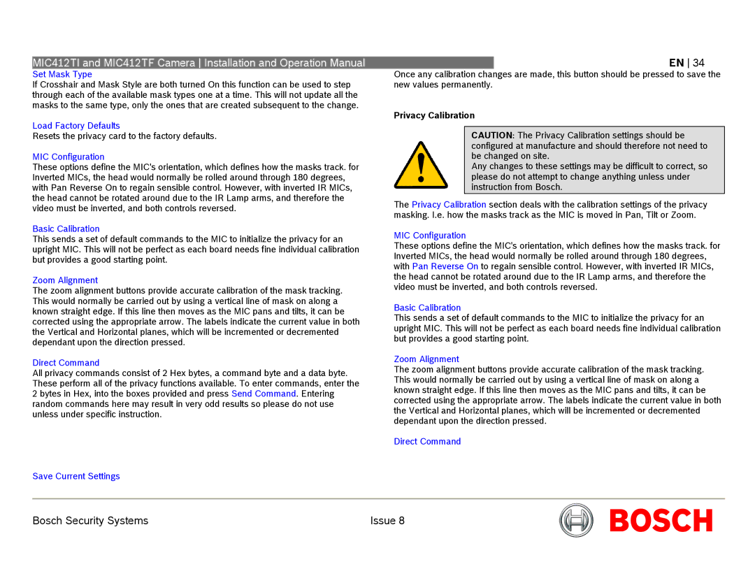 Bosch Appliances MIC412 operation manual Privacy Calibration 