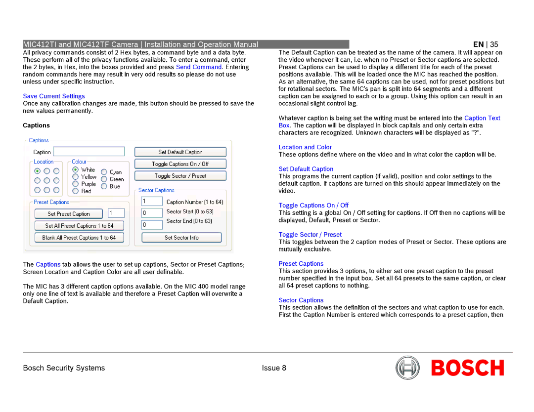 Bosch Appliances MIC412 operation manual Captions 