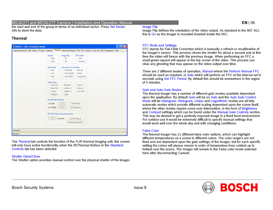 Bosch Appliances MIC412 Thermal, Shutter Open/Close, FFC Mode and Settings, Gain and Auto Gain Modes, False Color 