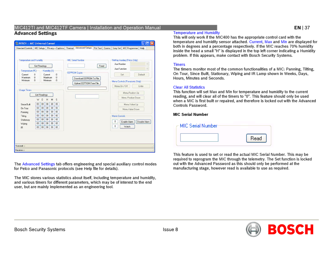 Bosch Appliances MIC412 Advanced Settings, Temperature and Humidity, Timers, Clear All Statistics, MIC Serial Number 