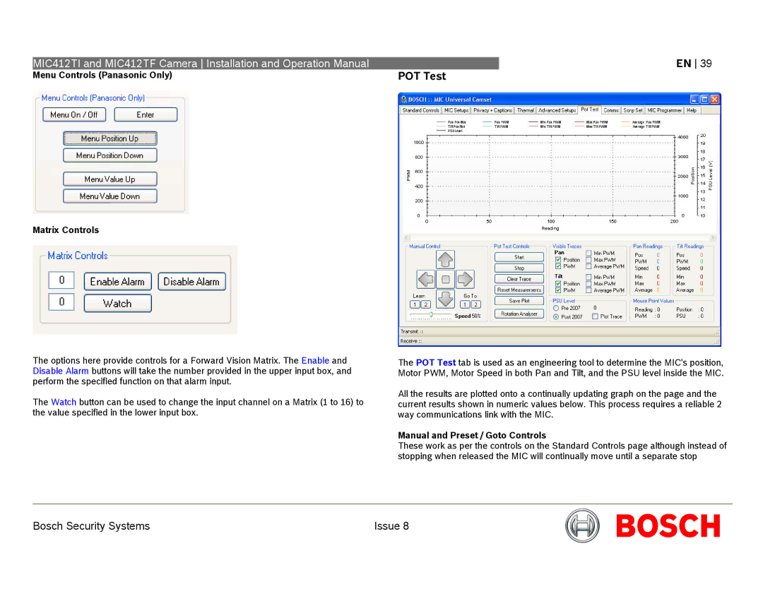 Bosch Appliances MIC412 POT Test, Menu Controls Panasonic Only, Matrix Controls, Manual and Preset / Goto Controls 