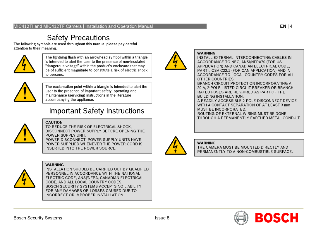 Bosch Appliances MIC412 operation manual Safety Precautions 