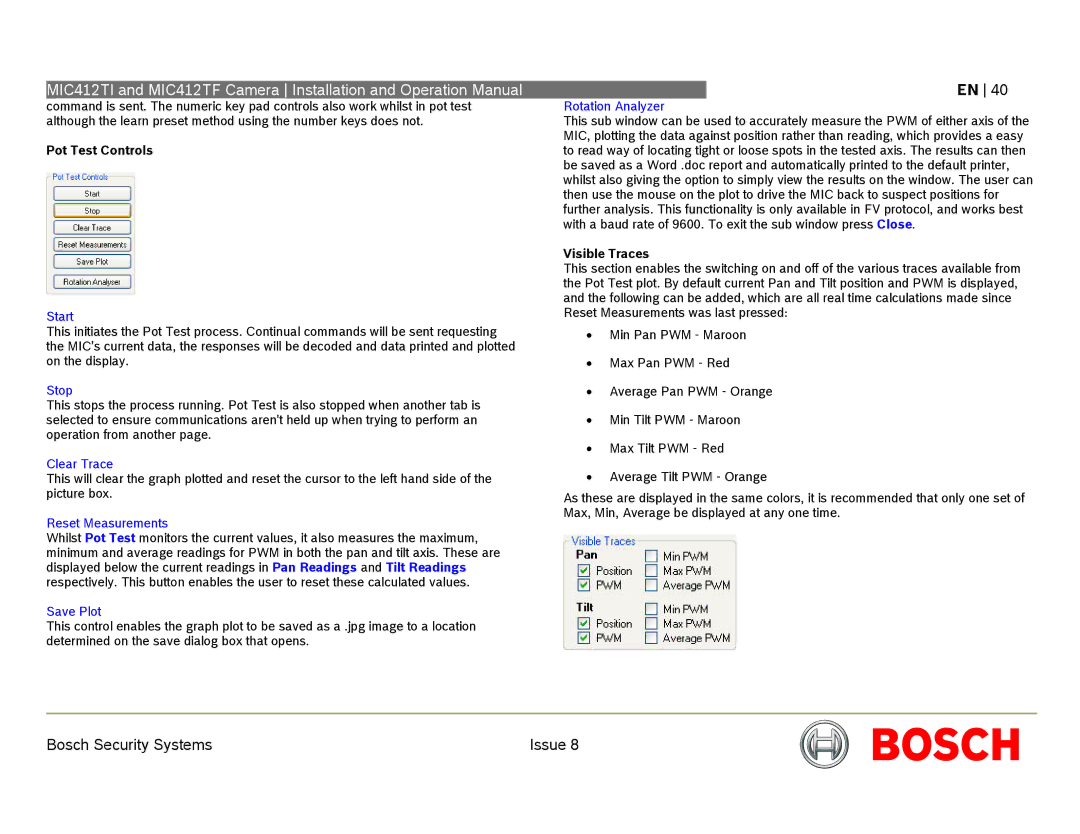 Bosch Appliances MIC412 operation manual Pot Test Controls, Visible Traces 