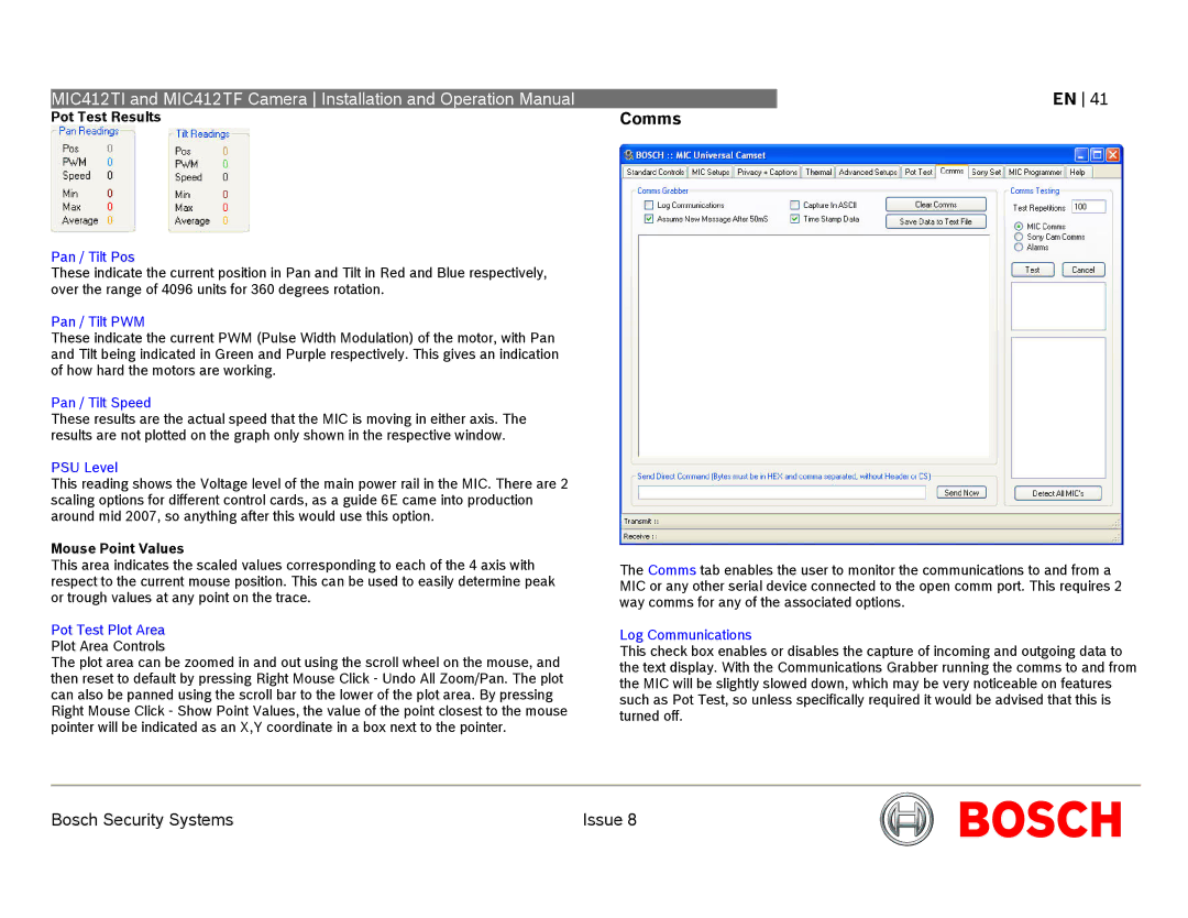 Bosch Appliances MIC412 operation manual Comms, Pot Test Results, Mouse Point Values 