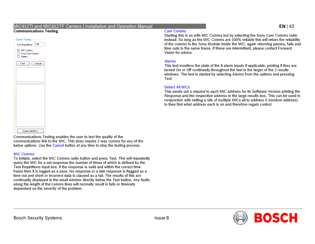 Bosch Appliances MIC412 operation manual Communications Testing, MIC Comms, Cam Comms, Alarms, Detect All MICs 