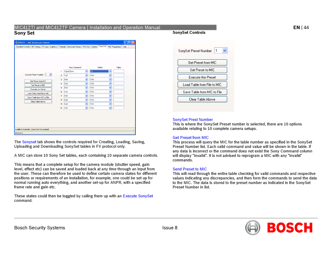 Bosch Appliances MIC412 Sony Set, SonySet Controls, SonySet Prest Number, Get Preset from MIC, Send Preset to MIC 