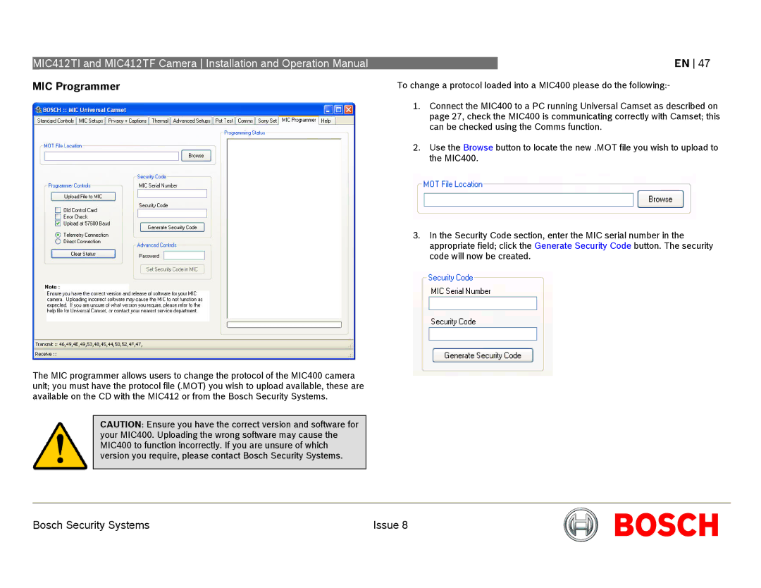 Bosch Appliances MIC412 operation manual MIC Programmer 