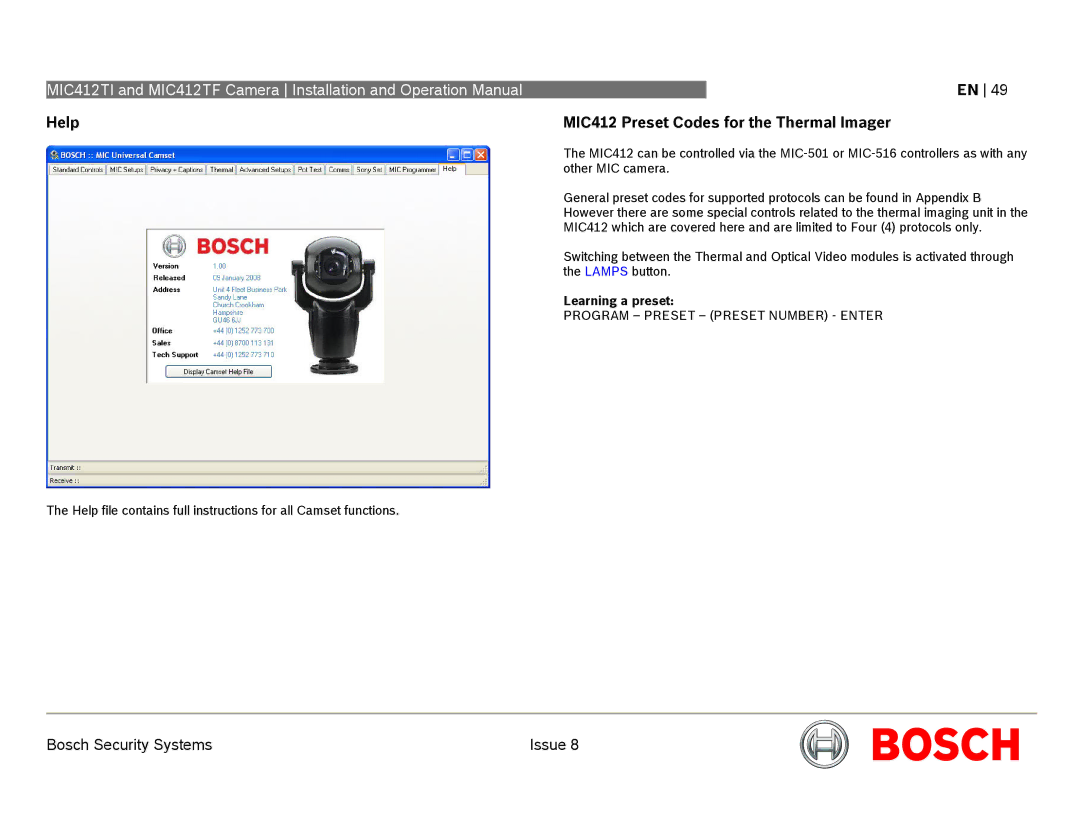 Bosch Appliances operation manual Help MIC412 Preset Codes for the Thermal Imager, Learning a preset 