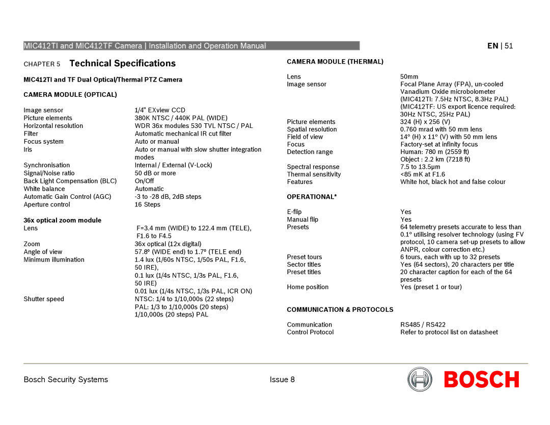 Bosch Appliances operation manual MIC412TI and TF Dual Optical/Thermal PTZ Camera, 36x optical zoom module 