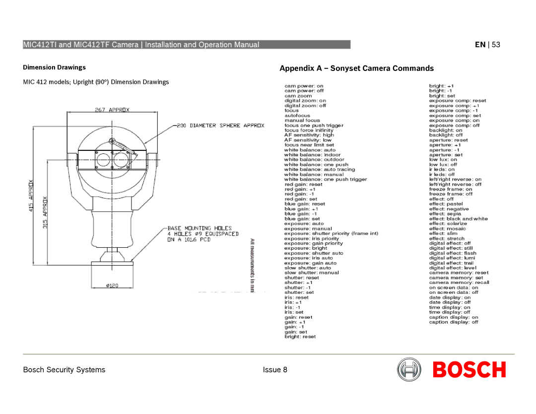 Bosch Appliances MIC412 operation manual Appendix a Sonyset Camera Commands, Dimension Drawings 