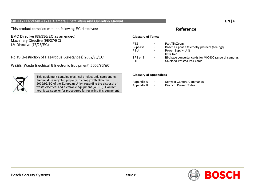 Bosch Appliances MIC412 operation manual Glossary of Terms, Glossary of Appendices 